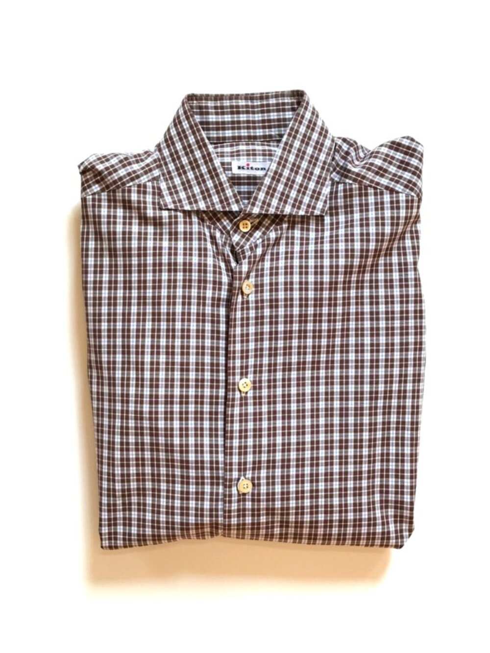 KITON Button Down Sport Shirt Mens 40 16 Brown Blue Check Cotton Long Sleeve